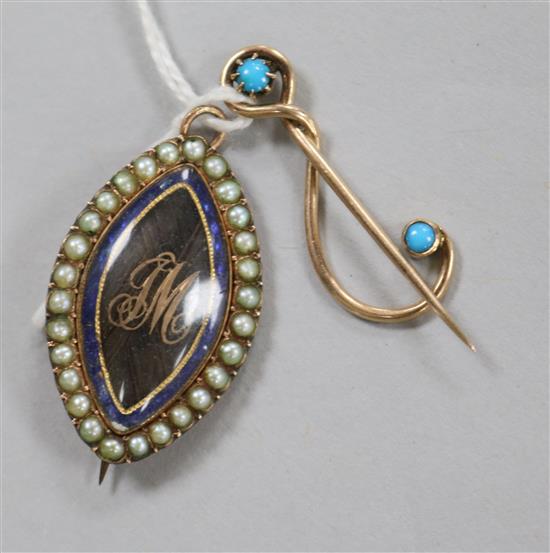 An early 20th century Murrle Bennett & Co 9ct gold and turquoise scroll pin and a 19th century yellow metal and a brooch.